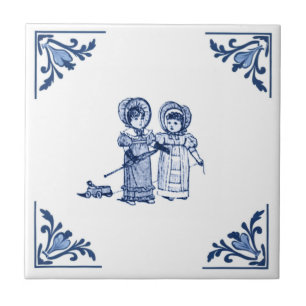 Vintage Girls & Leksak bil Delft Corner Blue & Whi Kakelplatta