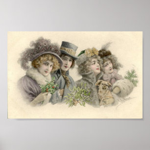 Vintage Girls och Hund Helgdag Card Poster
