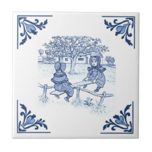 Vintage Girls on Seesaw Delft Corner Blue & White Kakelplatta