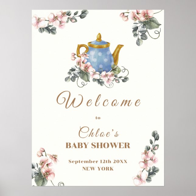 Vintage Girly Wildblomme Tea Baby Shower Välkommen Poster (Framsidan)