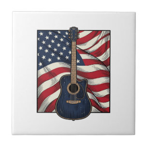 Vintage Gitarr Patriotisk Flagga Vektor Tröja Desi Kakelplatta