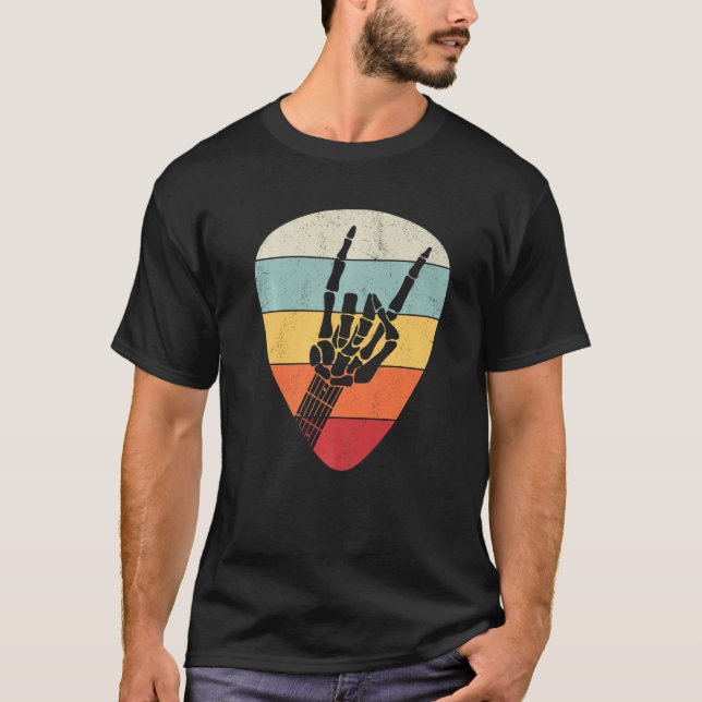Vintage gitarrplock, skeletthandshorn, cool gitarr t shirt (Framsida)