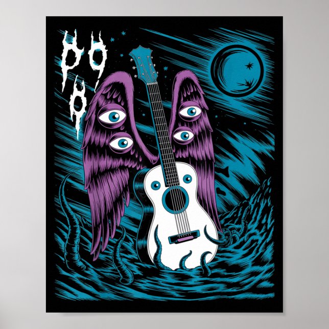 Vintage Gitarrvingar Rockmusik Fantasykonst Fu Poster (Framsidan)