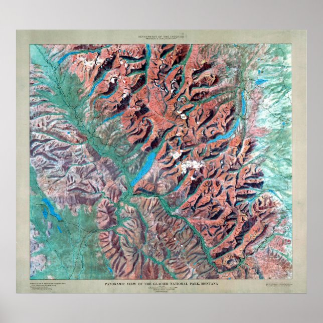 Vintage Glacier National Park Relief Karta Poster (Framsidan)