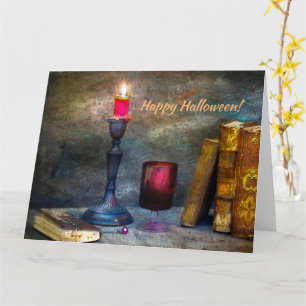 Vintage Glad Halloween Röd Ljus & Gamla Böcker Kort