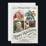 Vintage Glad helg 4-fotoplatta kort<br><div class="desc">Fryst fönsterruta - platta hälsningskort med fyra foto ramar. Helgdag är tom. Roligt och festive retro stil inverterade krita stil på elegant kräm vit bakgrund med finare holly scrollsar och rustik gammalt-mode typografisk kalligrafi-snurrande text. Klicka på Anpassa om du vill justera insidan av ram för olika storleka eller udda formade...</div>