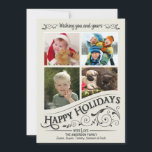 Vintage Glad helg 4-fotoplatta kort<br><div class="desc">Fryst fönsterruta - platta hälsningskort med fyra foto ramar. Helgdag är tom. Roligt och festive retro stil inverterade krita stil på elegant kräm vit bakgrund med finare holly scrollsar och rustik gammalt-mode typografisk kalligrafi-snurrande text. Klicka på Anpassa om du vill justera insidan av ram för olika storleka eller udda formade...</div>