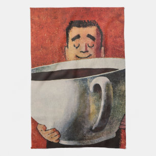 Vintage Glad Man Dricker Jätte Kopp Kaffe Kökshandduk