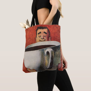 Vintage Glad Man Dricker Jätte Kopp Kaffe Tygkasse