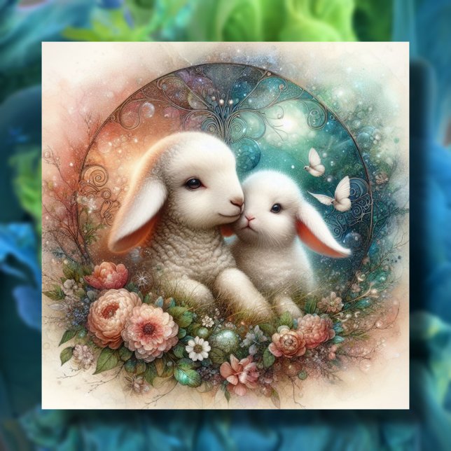 Vintage Glad påsk Bunny Lamb Religiösa Julkort (Skapare uppladdad)