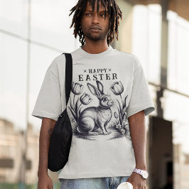 Vintage Glad påsk Bunny med Tulips Retro Bläck T Shirt