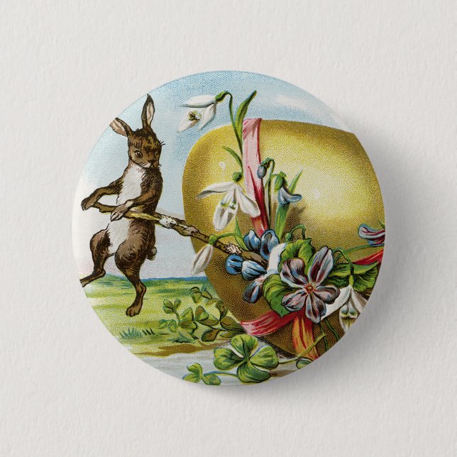 Vintage Glad påsk Bunny Rabbits Påskägg Knapp (Framsida)