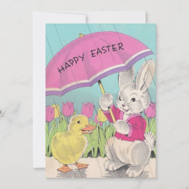 Vintage Glad påsk Chick Bunny Blommigt Julkort (Framsida)