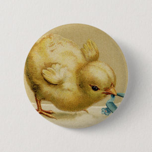 Vintage Glad påsk Chick med Blåa blommor Knapp
