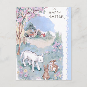 Vintage Glad påsk Önskemål med Lamb och Bunnies Vykort