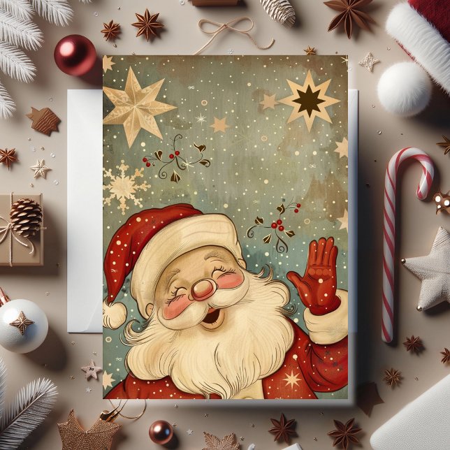 Vintage Glädje Santa jul Kort (A joyful Santa card that brings back the magic of vintage holiday cheer)