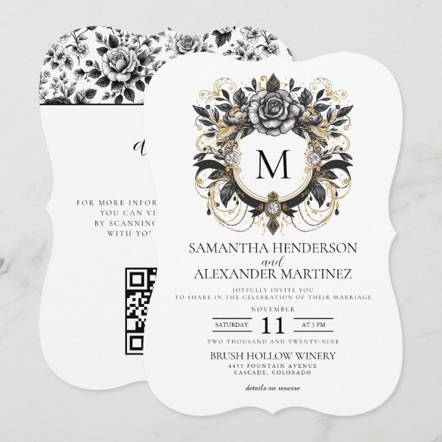 Vintage Glam Blommigt med QR-kod Bröllop Inbjudningar (Fram/baksida)