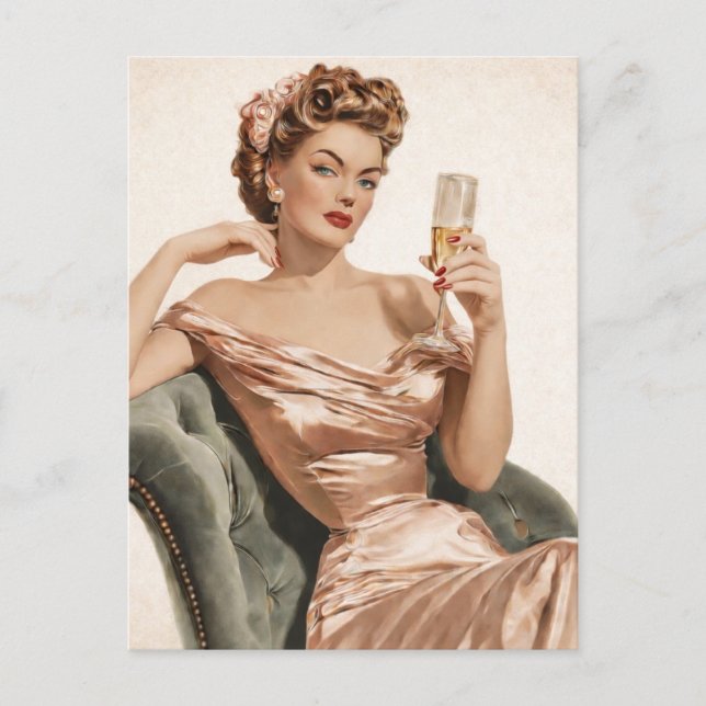 Vintage Glam Champagne Pinup- vykort (Framsida)