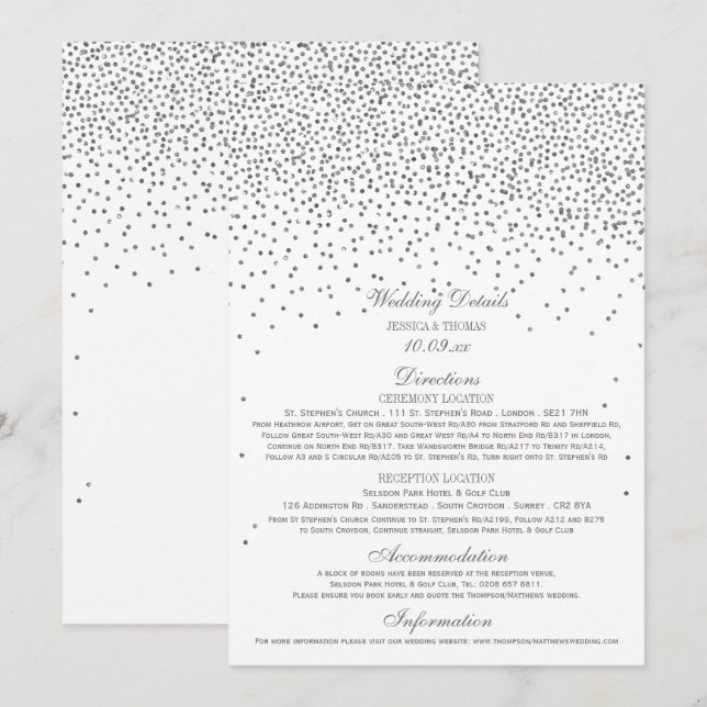 Vintage Glam Silver Confetti Bröllop-detaljkort Inbjudningar (Fram/baksida)