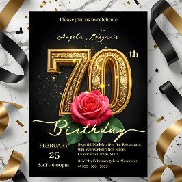 Vintage Glamor Röd ros Guld 70:e födelsedagen Inbjudningar