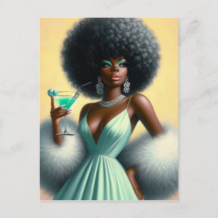 Vintage Glamor: Whimsical Afro Pin-Up Mint-Grönt Vykort