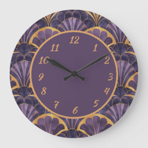 Vintage Glamour Lila & Guld Art Deco Fläktmönster Stor Klocka