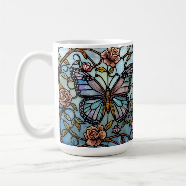 Vintage glaskonst blå fjäril konst  kaffemugg (Vänster)
