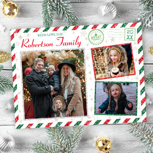 Vintage Glitter-familjens foto passar Airmail-jul Vykort