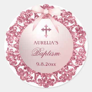 Vintage Glitter Ram Rosa Bow Baptism Runt Klistermärke