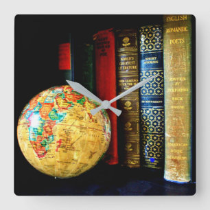 Vintage Globe och Bokar Fyrkantig Klocka