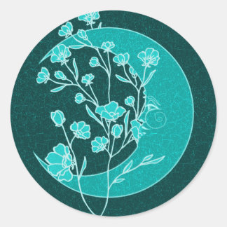 Vintage Glowing Teal Art nouveau Måne & Flowers Runt Klistermärke