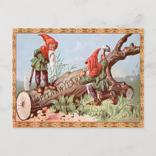 Vintage Gnomdvärgar Snidar "Gott Nytt År" Stock Vykort