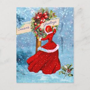 Vintage God fransröd glitter flicka snö Vykort