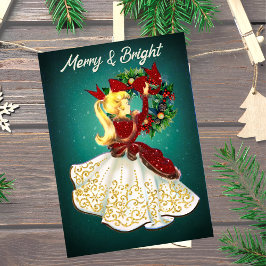 Vintage God fransröd guld glitter flicka Julkort