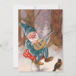 Vintage God Gnome spelar musik på ett fåglar Julkort