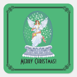 Vintage God jul Angel Sparkling Snowglobe Fyrkantigt Klistermärke