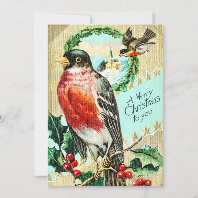 Vintage God jul Bird Holly Inbjudningar (Framsida)