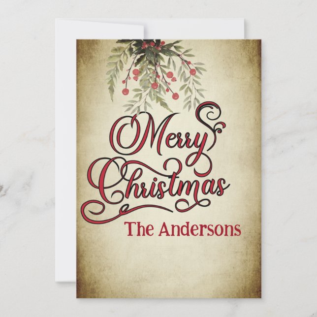 Vintage God jul botaniskt holly Julkort (Framsida)