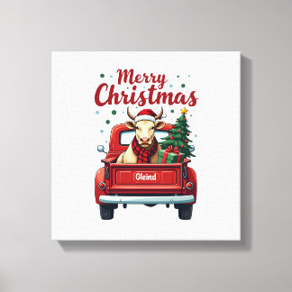 Vintage God Jul Highland Ko Red Truck Hol Canvastryck