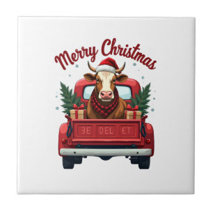 Vintage God Jul Highland Ko Red Truck Hol Kakelplatta