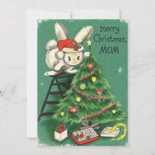 Vintage God jul Mamma Bunny Decorating Träd Julkort