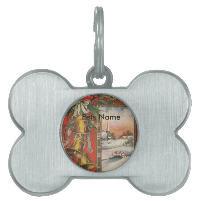 Vintage "God Jul" med julklockor Namnbricka Husdjur (Framsidan)