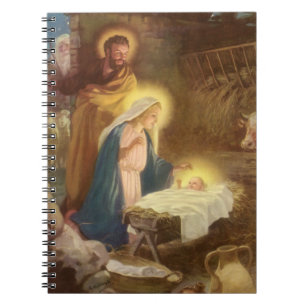 Vintage God Jul Nativitet, Mary Joseph Baby Jesus Anteckningsbok Med Spiral