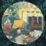 Vintage God Jul Pets i bostadsrummet Runt Klistermärke<br><div class="desc">Vintage illustrerar God jul helgdag-scenen med ett insida-rum av ett hus. Ett vardagsrum med ett dekorerat Julgran,  ett lager som hängdes av kaminen,  ett mellanmål och brev lämnat för Jultomten och familjejordarna (en kattunge och en valp hund) som somnade tillsammans på soffan och väntade på tomten.</div>
