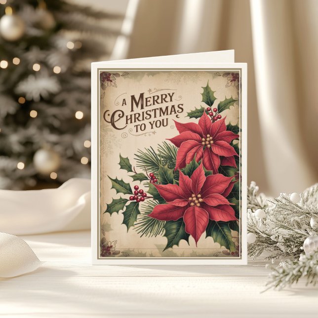 Vintage God jul Red Poinsettia Foldad Helgkort (Skapare uppladdad)