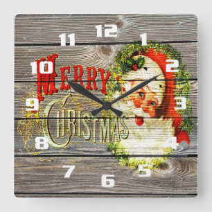 Vintage God jul & Santa på Rustic old Wood Fyrkantig Klocka
