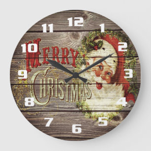 Vintage God jul & Santa på Rustic old Wood Stor Klocka