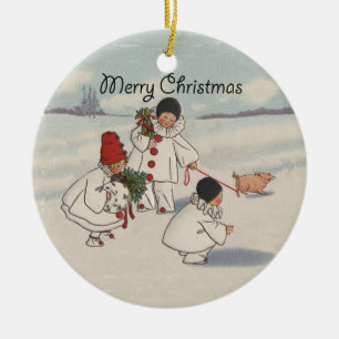 Vintage God jul Snö Barn Julgransprydnad Keramik