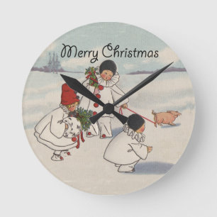 Vintage God jul Snö Barnomsorg i Rund Klocka