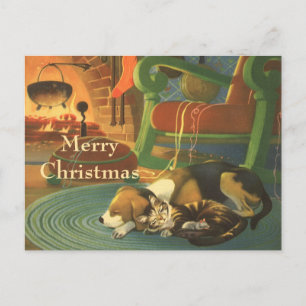 Vintage God Jul, Sömpande djur i Fireplace Helg Vykort